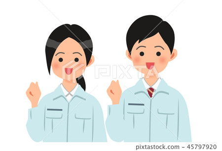 男性和女性穿著工作服的姿勢 男性和女性穿著工作服的姿勢 45797920
