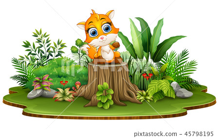 Cartoon happy baby fox sitting on tree stump 45798195