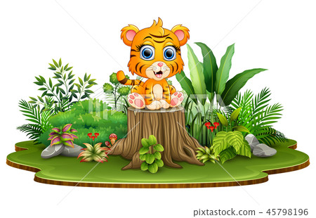 Cartoon happy baby tiger sitting on tree stump Cartoon happy baby tiger sitting on tree stump 45798196