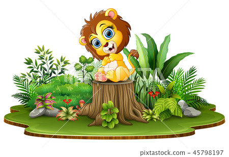 Cartoon happy baby lion sitting on tree stump 45798197