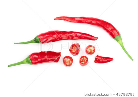 sliced red hot chili pepper isolated on white background. Top view. Flat lay pattern 45798795