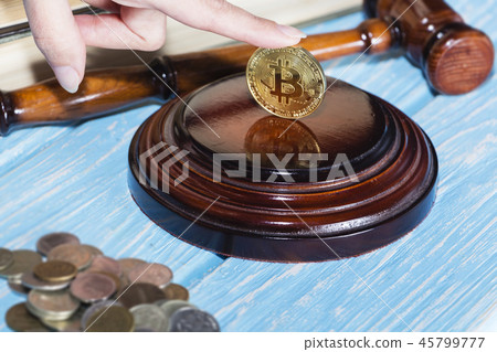judge's hammer and bitcoin gold coin. judge's hammer and bitcoin gold coin. 45799777
