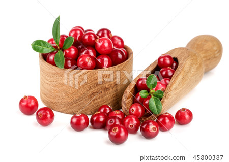 Cranberry with leaf in wooden bowl and scoop isolated on white background closeup 45800387