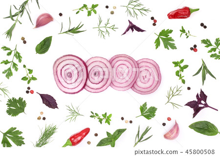 onions, garlic, hot pepper and spices isolated on white background. Top view 45800508