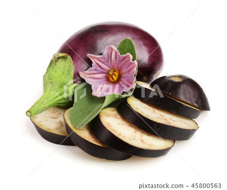 sliced eggplant or aubergine vegetable with flower isolated on white background sliced eggplant or aubergine vegetable with flower isolated on white background 45800563
