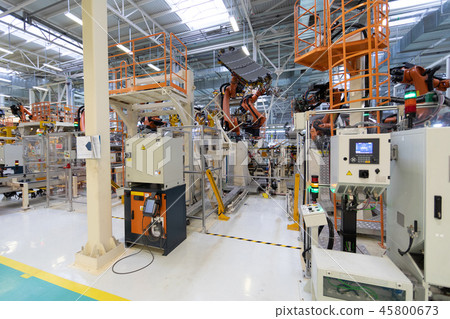 Conveyor for manufacture of cars. Automotive shop. Car Assembly plant. Car manufacturer Conveyor for manufacture of cars. Automotive shop. Car Assembly plant. Car manufacturer 45800673