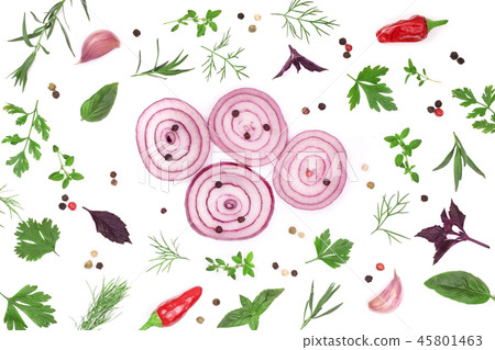 onions, garlic, hot pepper and spices isolated on white background. Top view 45801463