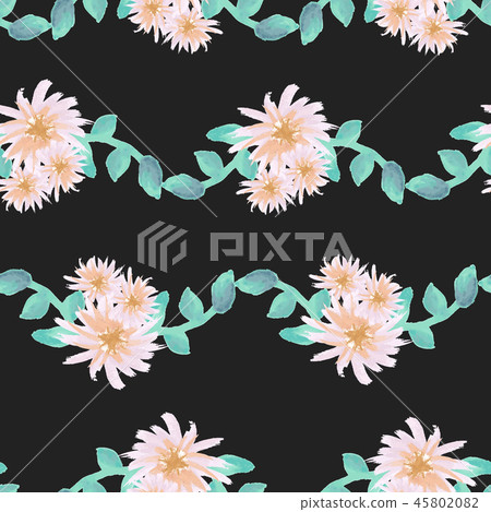 Watercolor aster flower garland light pink gold teal on black seamless pattern 45802082
