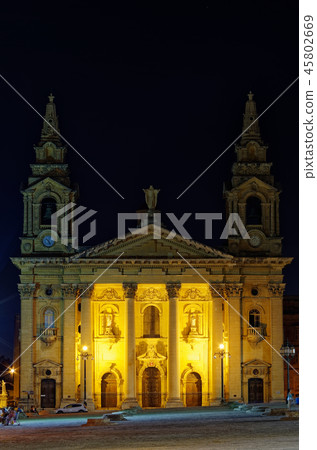 St. Publius church by night in Valletta, Malta 45802669