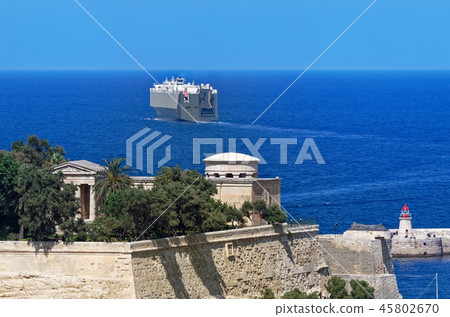 ferry leaving a harbor of Valletta on Malta 45802670