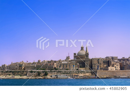 View at Valletta city from Sliema bay, Malta 45802905