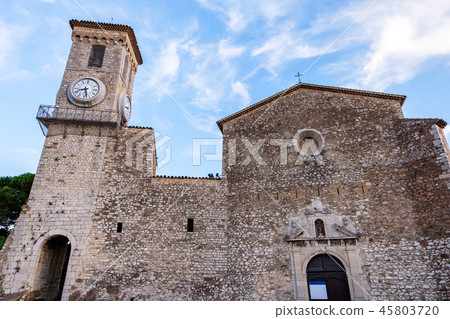 Wide angle view to the church with a bell tower 45803720