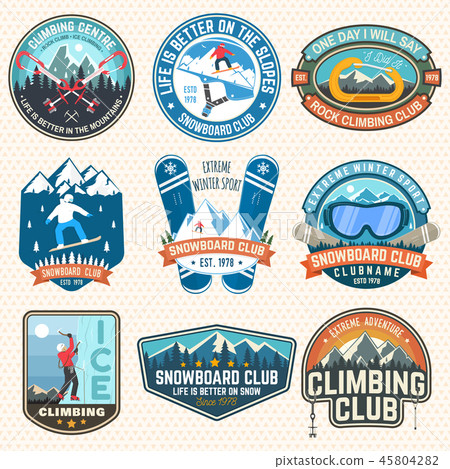 Set of Snowboarding and Rock Climbing club patches. Vector. Concept for patch, shirt, print, stamp Set of Snowboarding and Rock Climbing club patches. Vector. Concept for patch, shirt, print, stamp 45804282