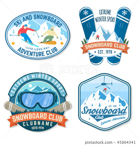 Set of Snowboard Club patches. Vector. Concept for patch, shirt, print, stamp. Vintage typography 45804341