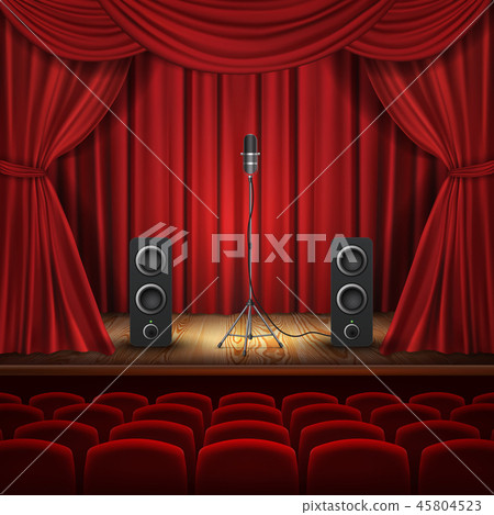 theater hall, stage with microphone, loudspeakers theater hall, stage with microphone, loudspeakers 45804523