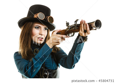 steampunk woman holding a gun isolated. 45804731