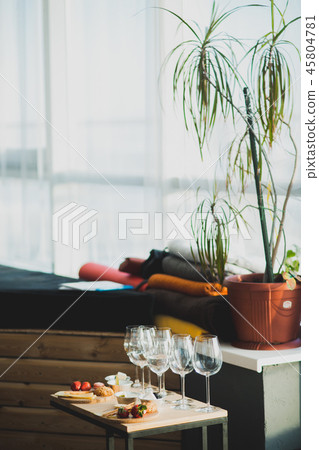 Table setting with wine and snacks, etiquette and event 45804781