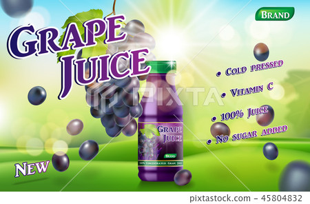 Grape juice bottle with sunny background on green grass. Juice container package ad. 3d realistic 45804832