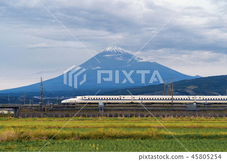 Fast bullet train, driving and passing Mountain Fuji near Tokyo 45805254