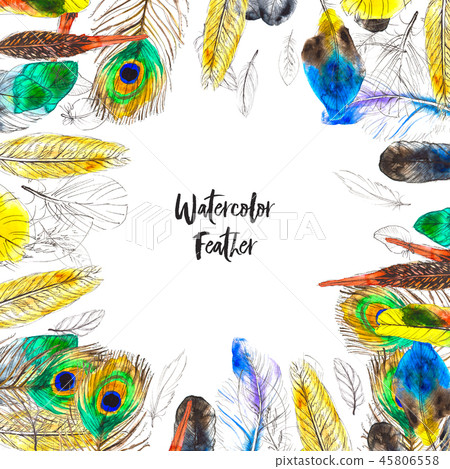 Watercolor frame with colorful feathers on... - Stock Illustration ...