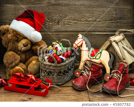 Christmas decoration vintage toys wooden backgr 45807782