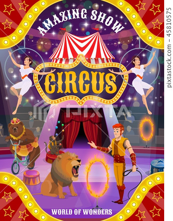 Circus show with animals, trainer and air acrobats 45810575
