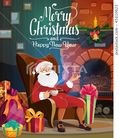 Santa, Christmas fireplace, gift bag and presents Santa, Christmas fireplace, gift bag and presents 45810623