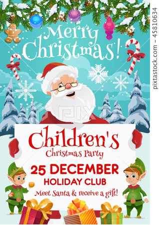 Santa with elves and gifts. Kids Christmas party 45810634