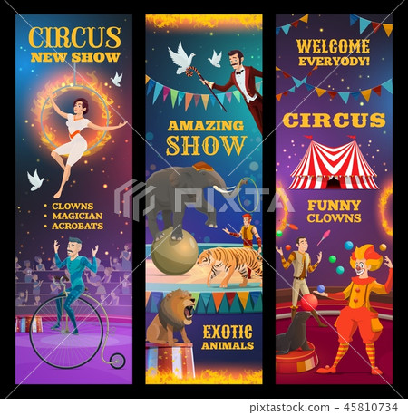 Magician, animals, clown and acrobats in circus Magician, animals, clown and acrobats in circus 45810734