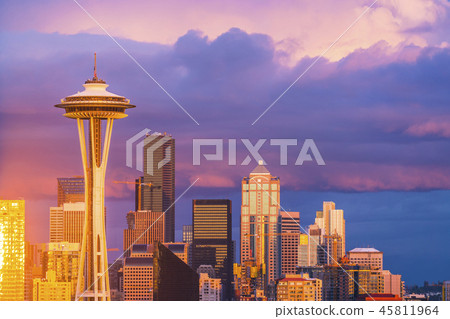 Seattle cityscape at sunset with cloudy. 45811964