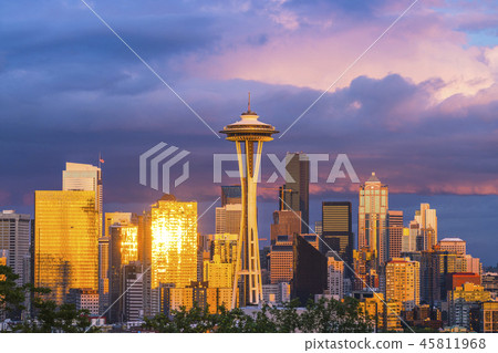 Seattle cityscape at sunset with cloudy. 45811968