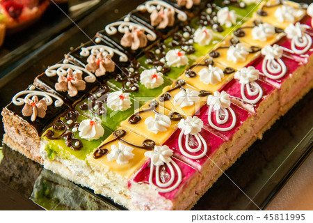 Catering sweets, closeup of various kinds of cakes 45811995