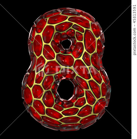 Number 8 eight made of golden shining metallic 3D with red glass isolated on black background. Number 8 eight made of golden shining metallic 3D with red glass isolated on black background. 45813591