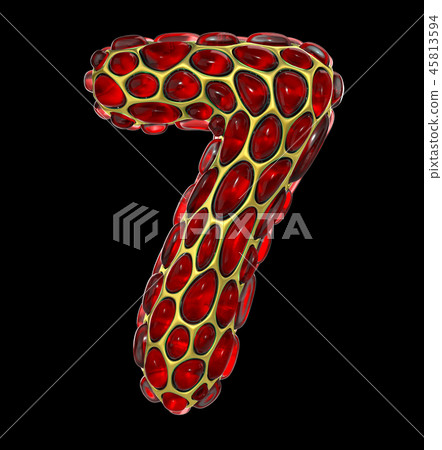 Number 7 seven made of golden shining metallic 3D with red glass isolated on black background. Number 7 seven made of golden shining metallic 3D with red glass isolated on black background. 45813594