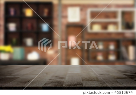 Wooden board empty Table Top And Blur Interior over blur in coff 45813674