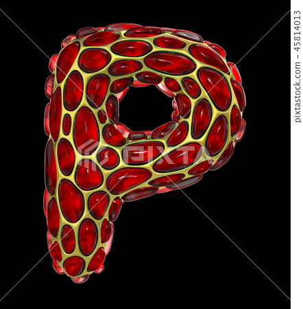 Golden shining metallic 3D with red glass symbol capital letter P - uppercase isolated on black 45814013