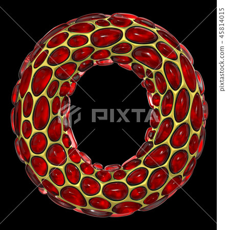 Golden shining metallic 3D with red glass symbol capital letter O - uppercase isolated on black 45814015