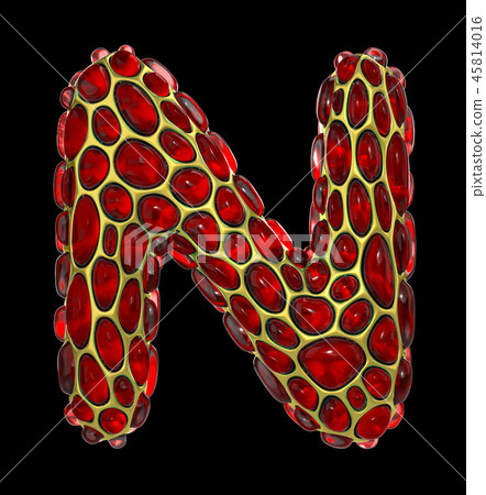 Golden shining metallic 3D with red glass symbol capital letter N - uppercase isolated on black 45814016