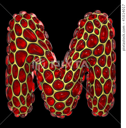 Golden shining metallic 3D with red glass symbol capital letter M - uppercase isolated on black 45814017