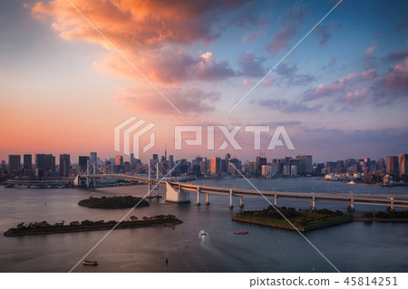 Tokyo skyline with Tokyo Tower and Rainbow Bridge at sunset in Japan 45814251