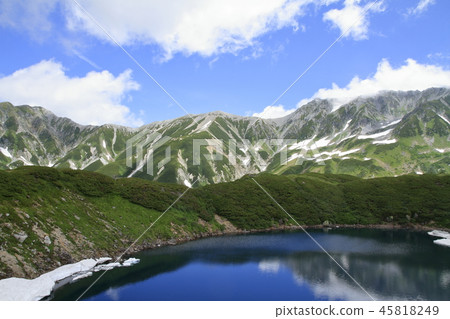 Only the summer where snow remains remains Pond and Tateyama mountain range Only the summer where snow remains remains Pond and Tateyama mountain range 45818249