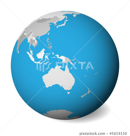 Blank political map of Australia. 3D Earth globe with blue water and grey lands. Vector illustration 45819150