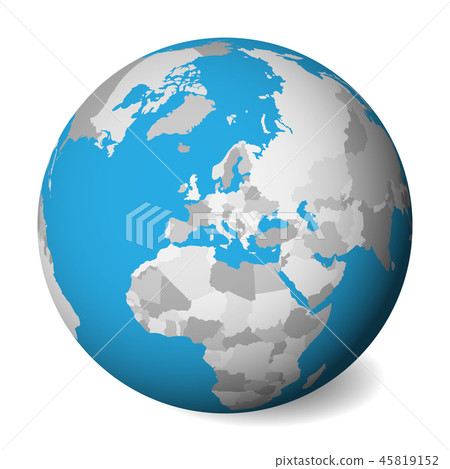 Blank political map of Europe. 3D Earth globe with blue water and grey lands. Vector illustration 45819152