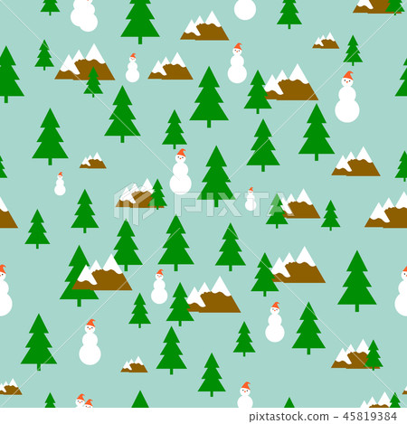 Pattern of green fir tree, white snowman in red hat and mountains on a blue background Pattern of green fir tree, white snowman in red hat and mountains on a blue background 45819384