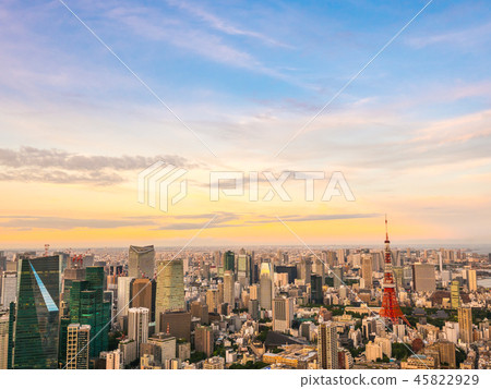 Beautiful Aerial view of architecture and building around tokyo city at sunset time Beautiful Aerial view of architecture and building around tokyo city at sunset time 45822929