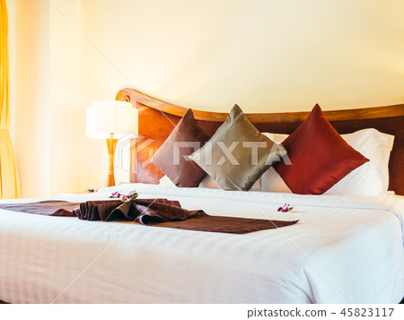 Comfortable pillow on bed decoration in hotel bedroom Comfortable pillow on bed decoration in hotel bedroom 45823117