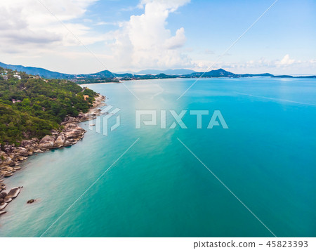 Aerial view of beautiful tropical beach and sea with palm and other tree in koh samui island Aerial view of beautiful tropical beach and sea with palm and other tree in koh samui island 45823393