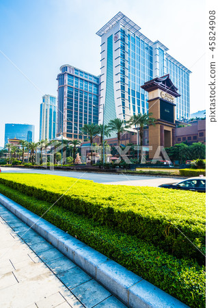 China, Macau - September 11 2018 - Beautiful luxury exterior architecture building of hotel resort in macau city skyline 45824908