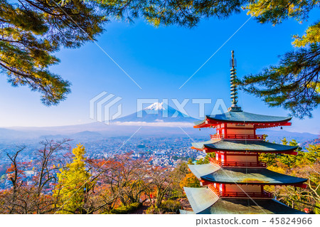 Beautiful landscape of mountain fuji with chureito pagoda around maple leaf tree in autumn season Beautiful landscape of mountain fuji with chureito pagoda around maple leaf tree in autumn season 45824966
