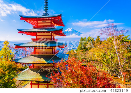 Beautiful landscape of mountain fuji with chureito pagoda around maple leaf tree in autumn season Beautiful landscape of mountain fuji with chureito pagoda around maple leaf tree in autumn season 45825149